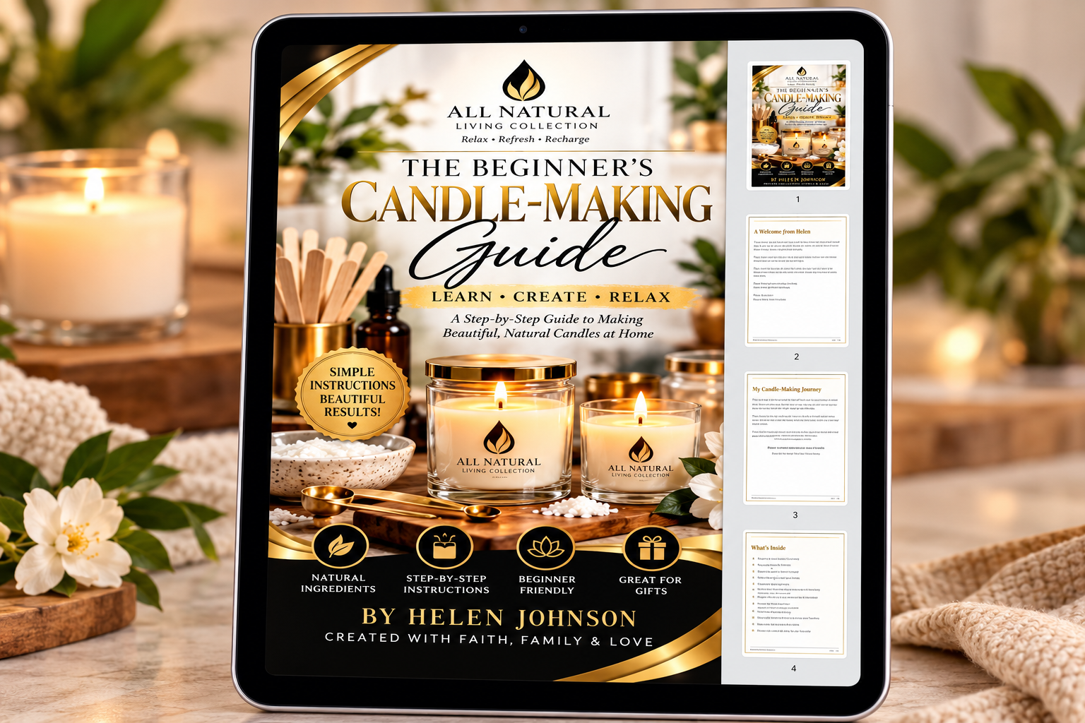 Beginner’s Candle Making Guide by Helen Johnson displayed on a tablet
