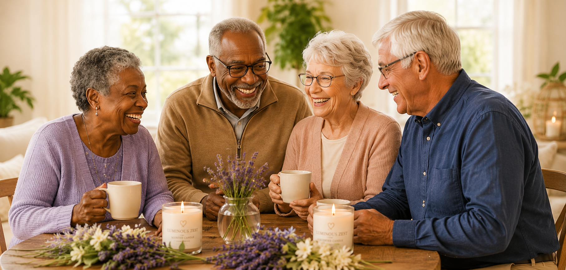 Seniors enjoying conversation and candles together